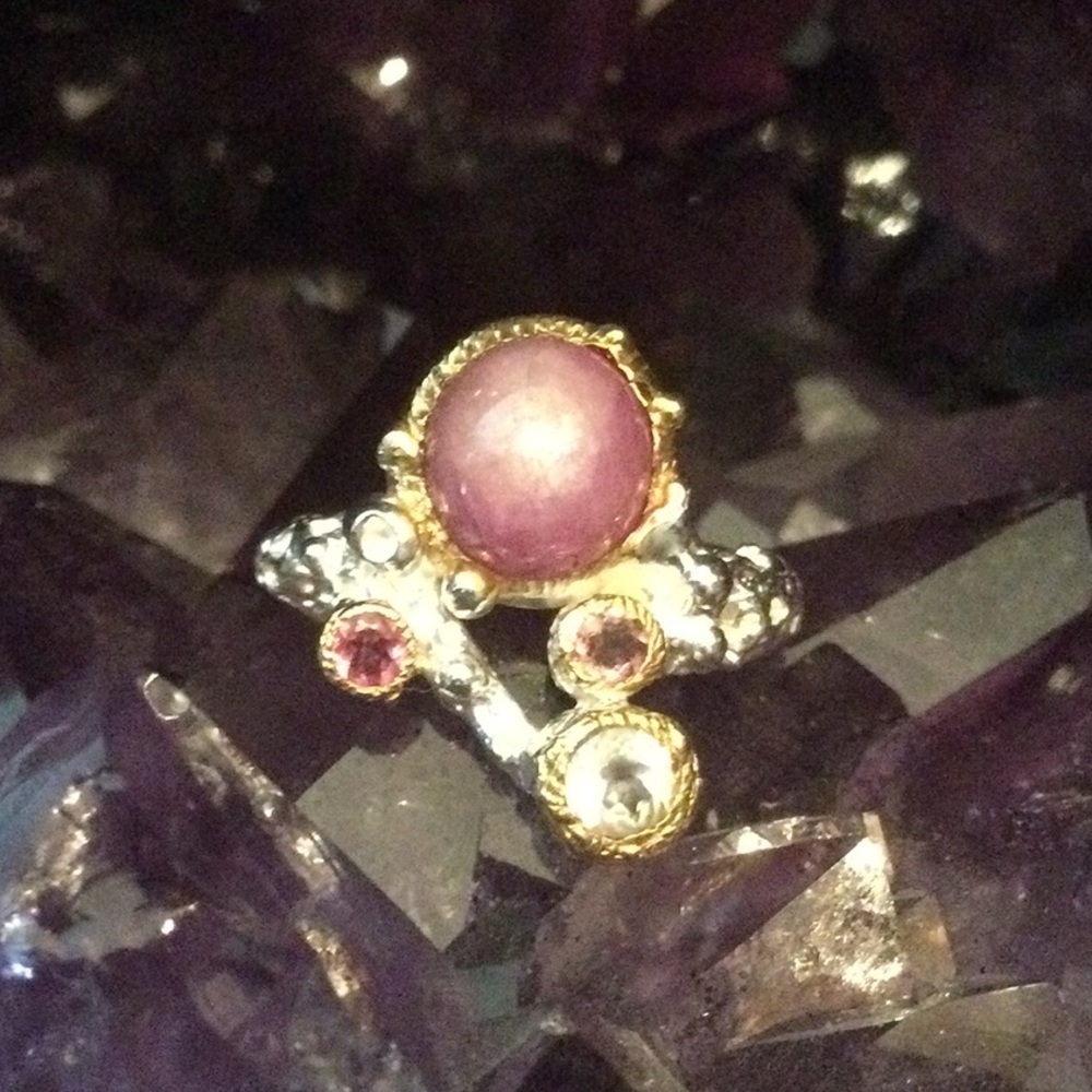 ⭐️Rare,  Star Ruby Cabochon, Pink Topaz & Aquamarine Ring⭐️ - Picture 11 of 14